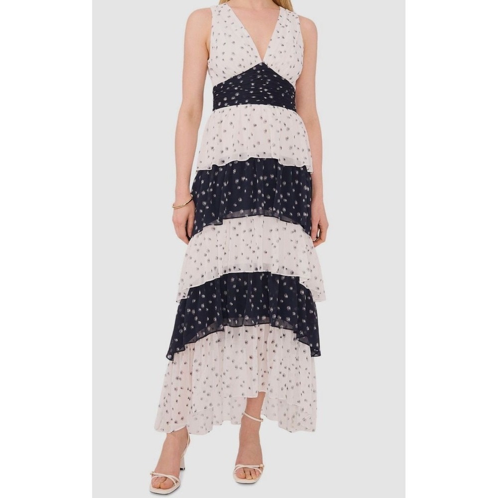 1 STATE Tiered Ruffle Maxi Dress Ivory Dark Indigo Polka Dot Sleeveless Sz 8 NWT